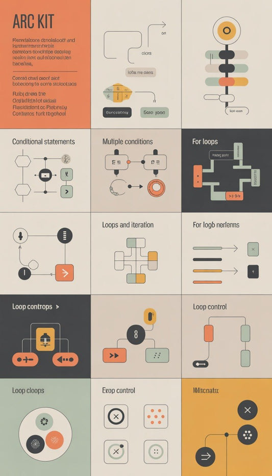 Collection of flowchart symbols and diagrams for programming or algorithm design on a grid.