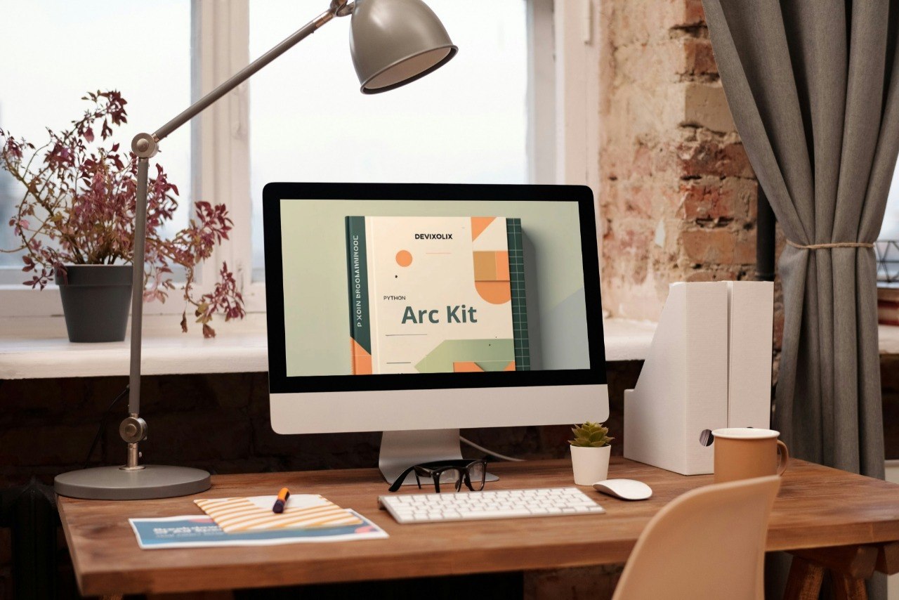 Home office desk with computer, lamp, and decor