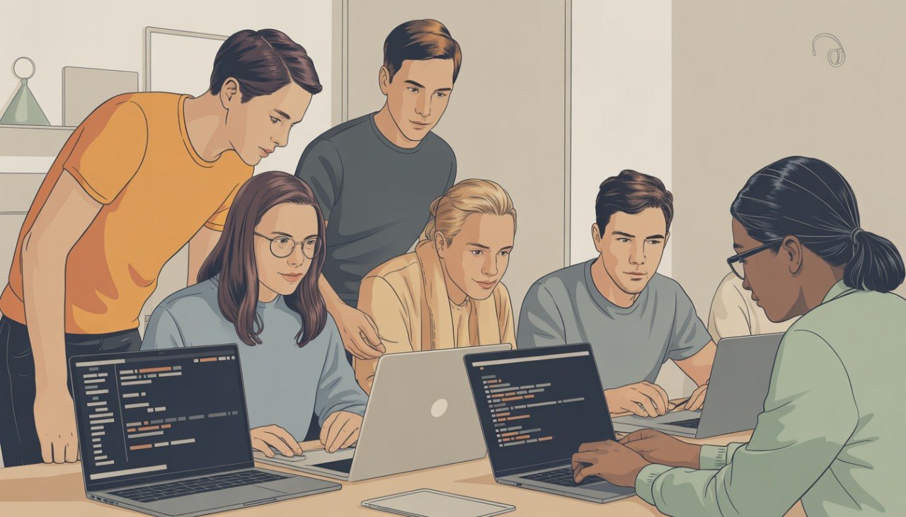 Illustration of a group of people working on laptops together.