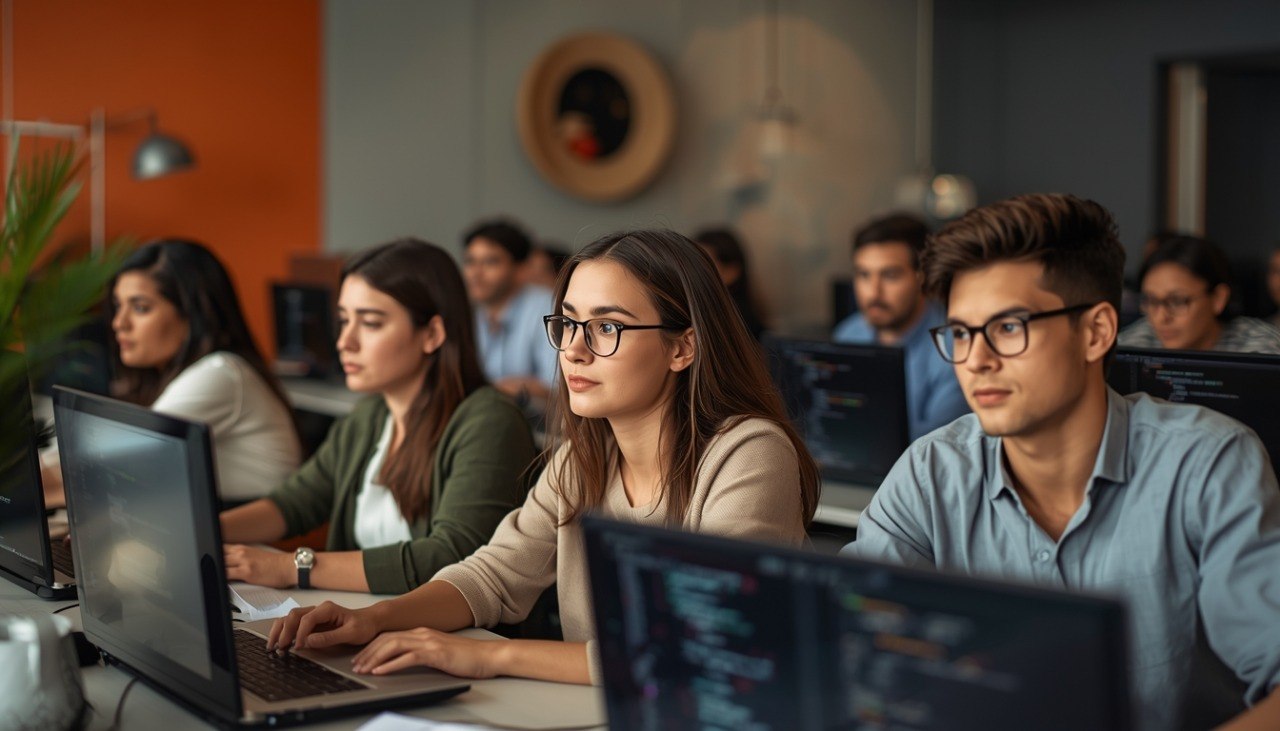 Group of people working on laptops in a modern office setting