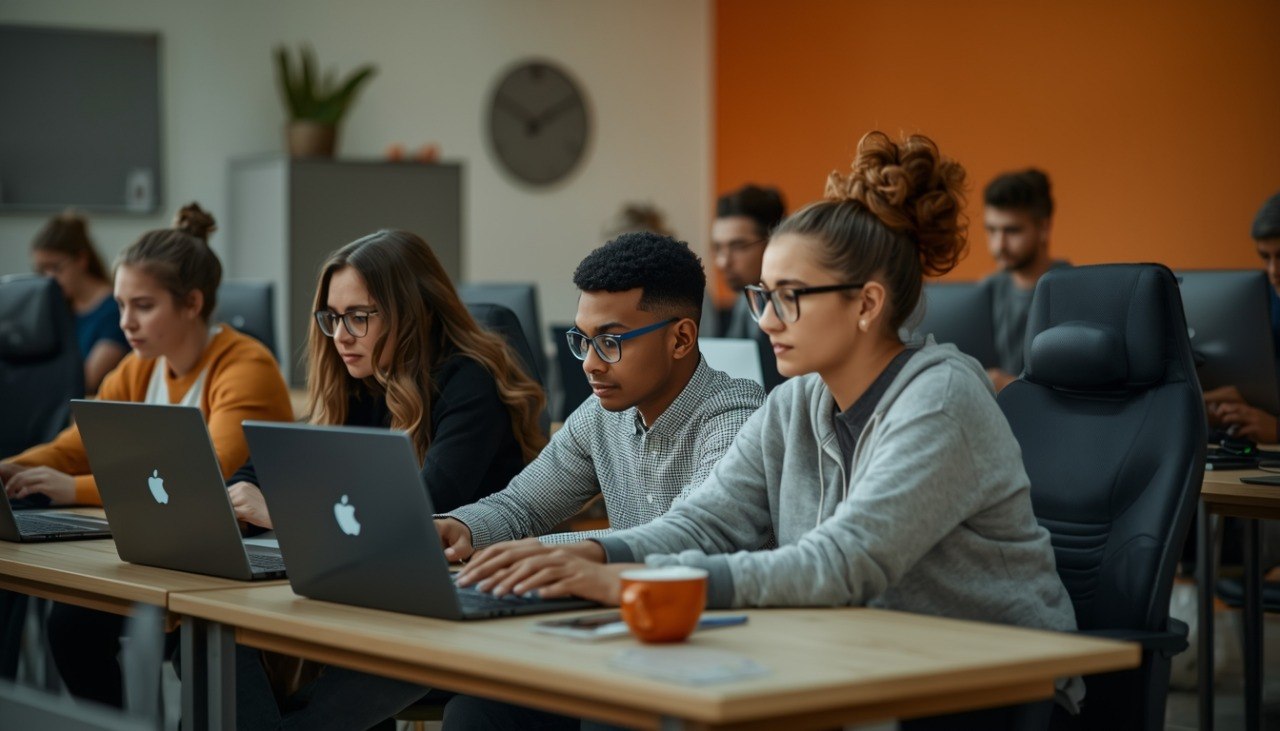 Students using laptops in a classroom setting