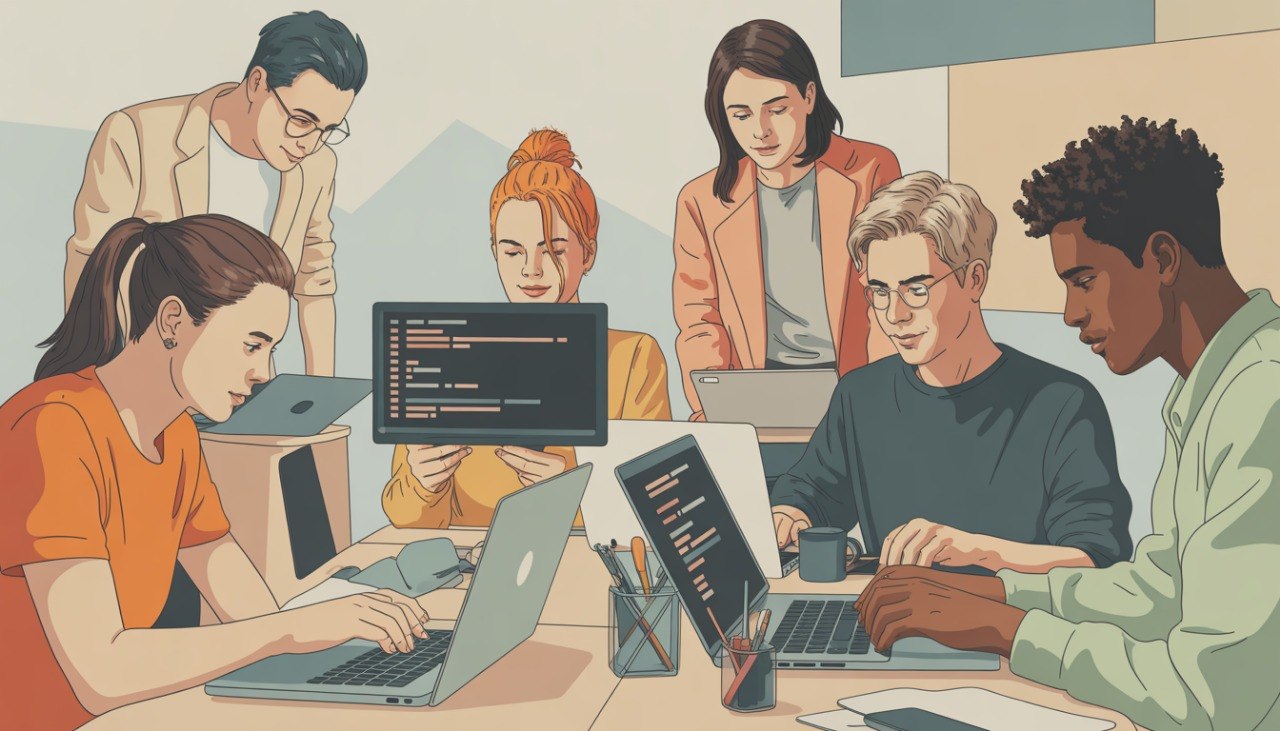 Illustration of a group of people working together on laptops in a collaborative setting.