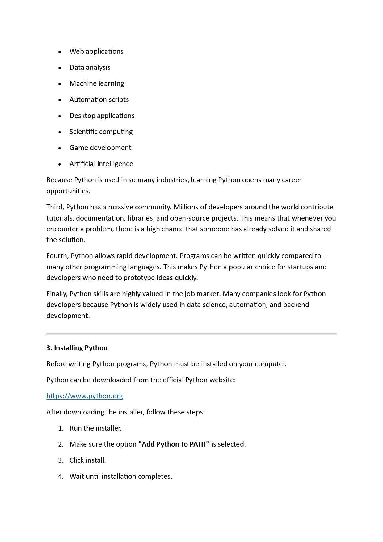 Text document about Python programming language with installation instructions.