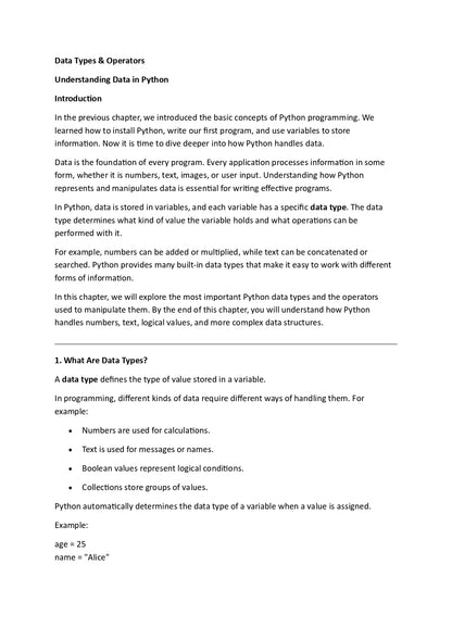 Text document on Python data types and operators with a white background