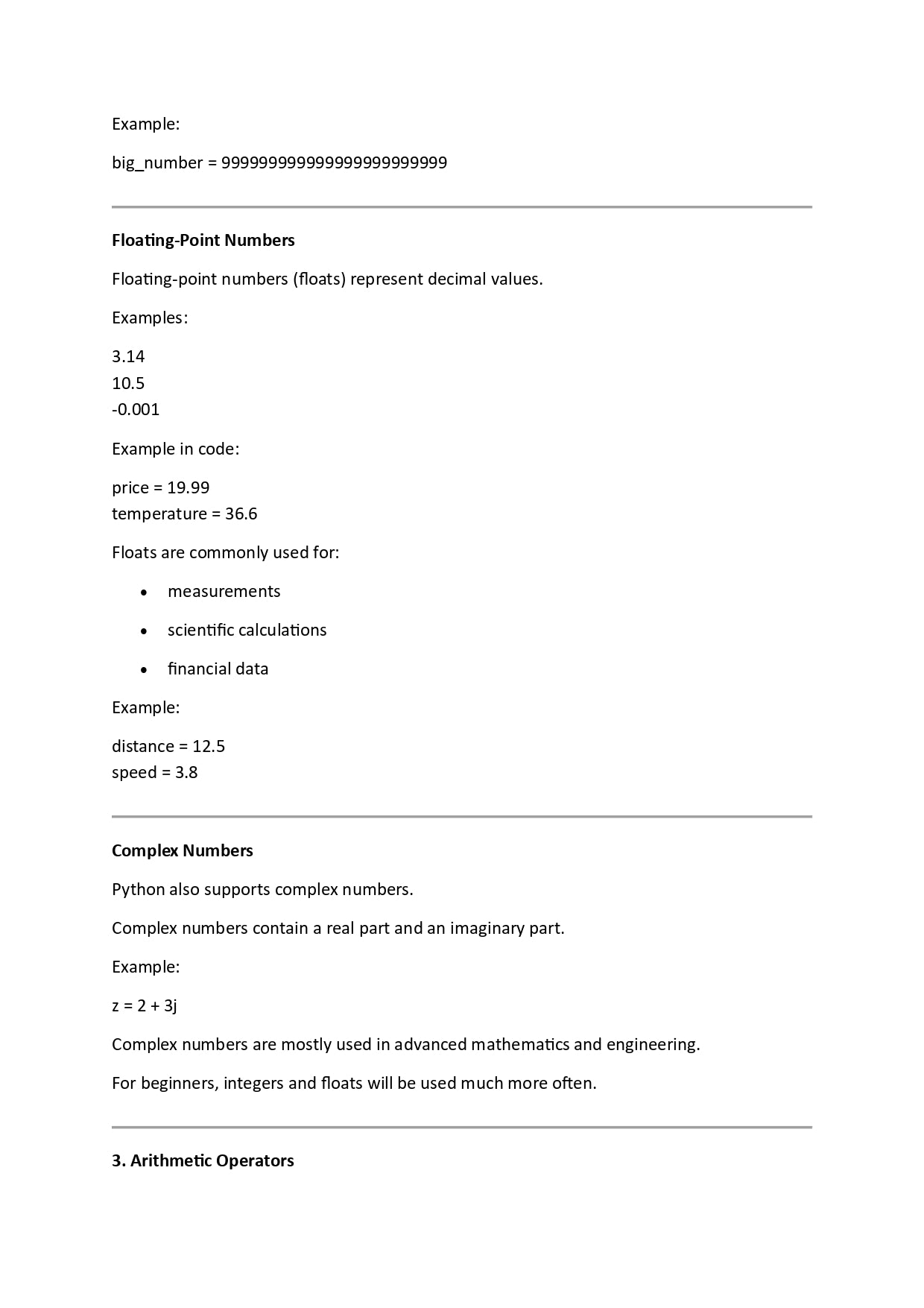 Text document on a white background with information about floating point numbers, complex numbers, and arithmetic operators.