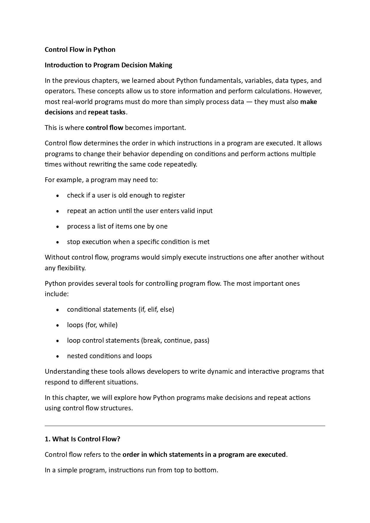 Text document on control flow in Python with a white background
