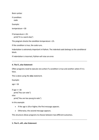 Text document explaining basic syntax of if-else statements in Python with examples.