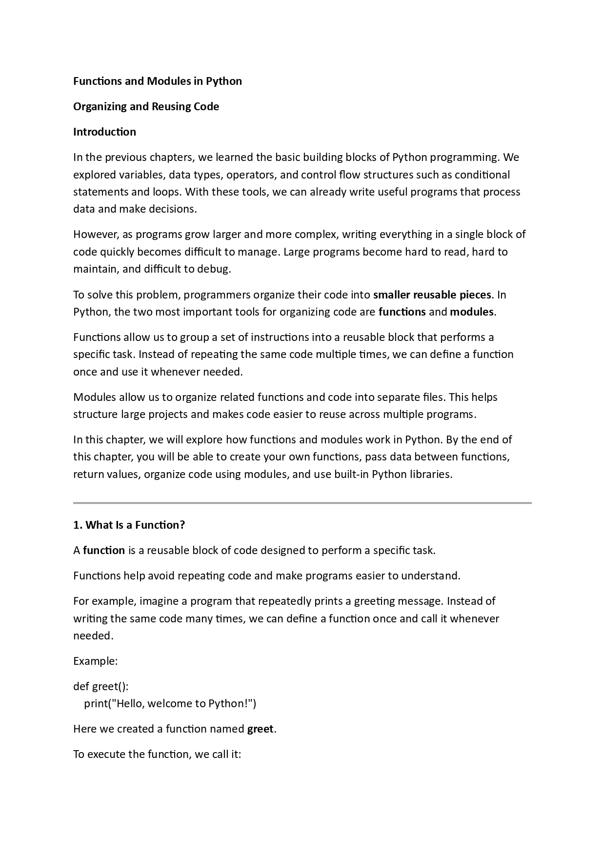 Text document on functions and modules in Python with a white background