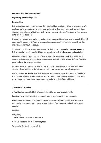 Text document on functions and modules in Python with a white background