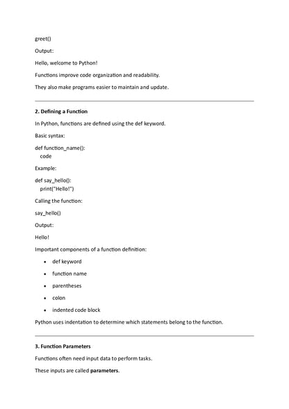 Text document explaining functions in Python with code examples on a white background