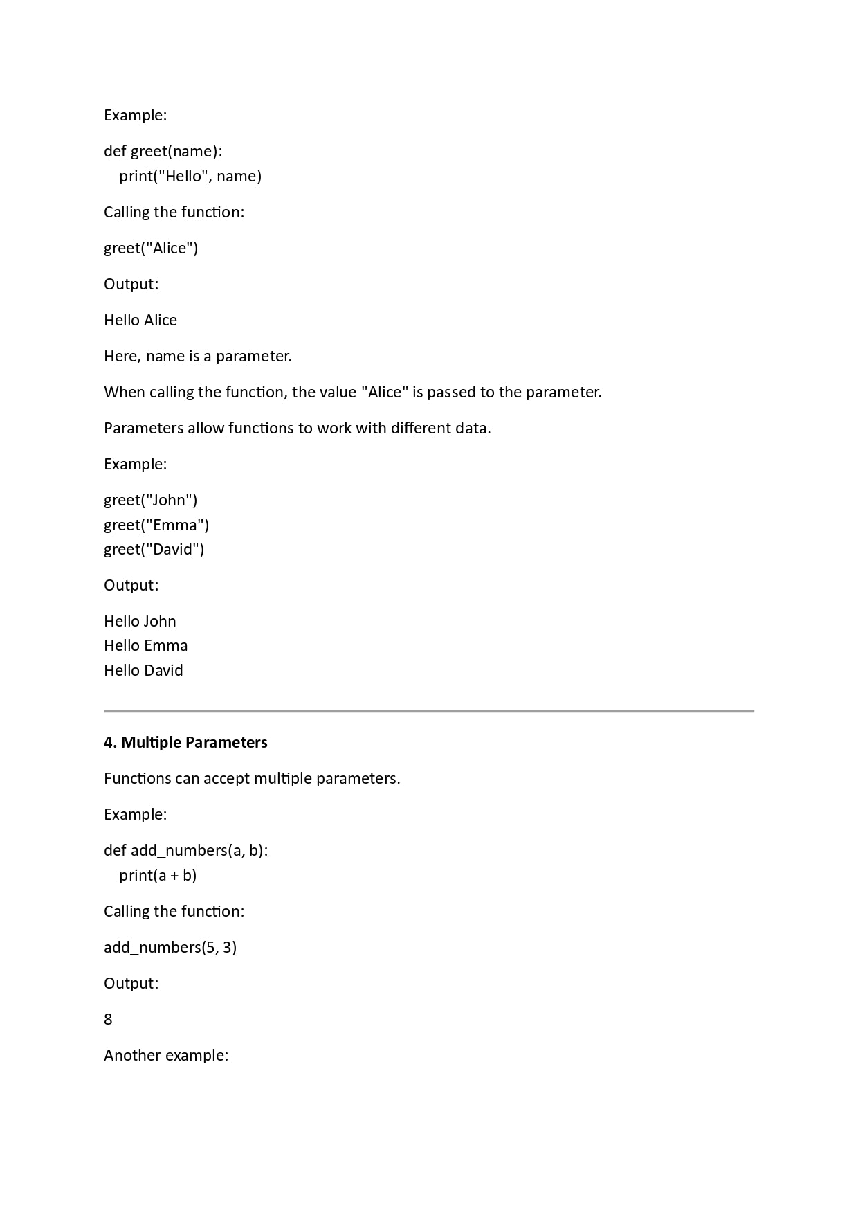 Text document explaining function parameters and multiple parameters with examples.