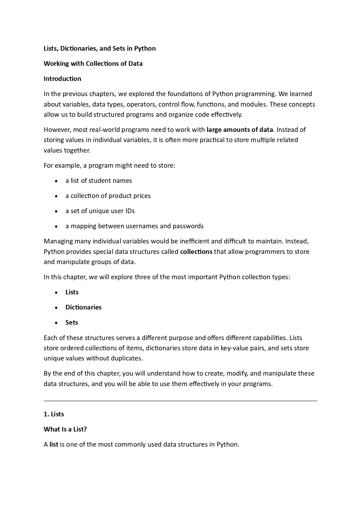 Text document on Python programming with sections about lists, dictionaries, and sets.