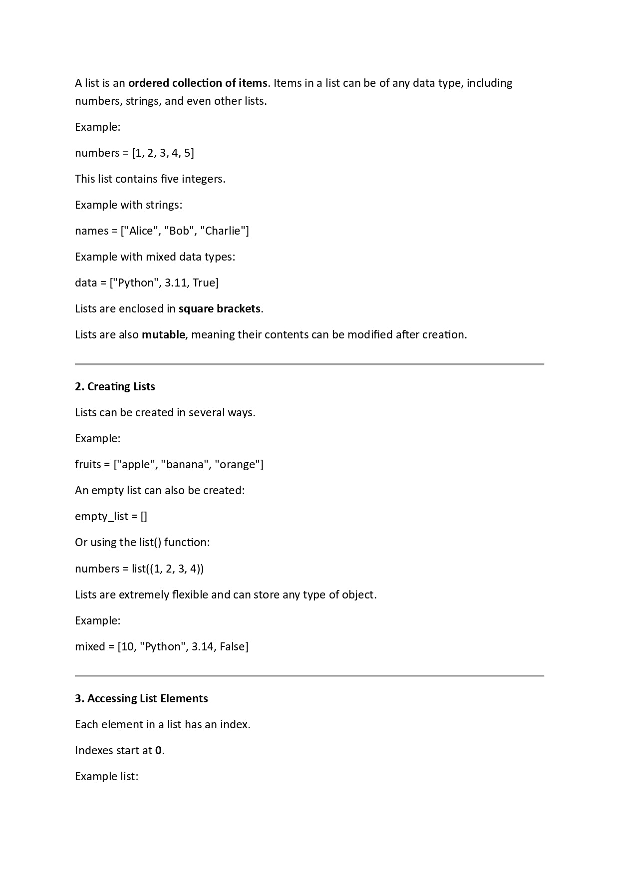 Text explaining about lists in programming with examples