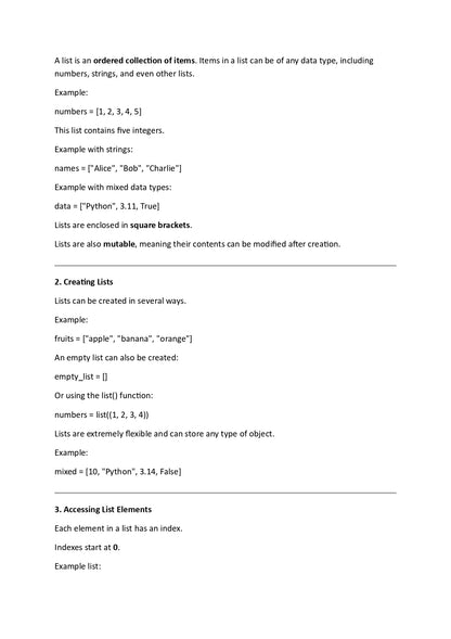 Text explaining about lists in programming with examples