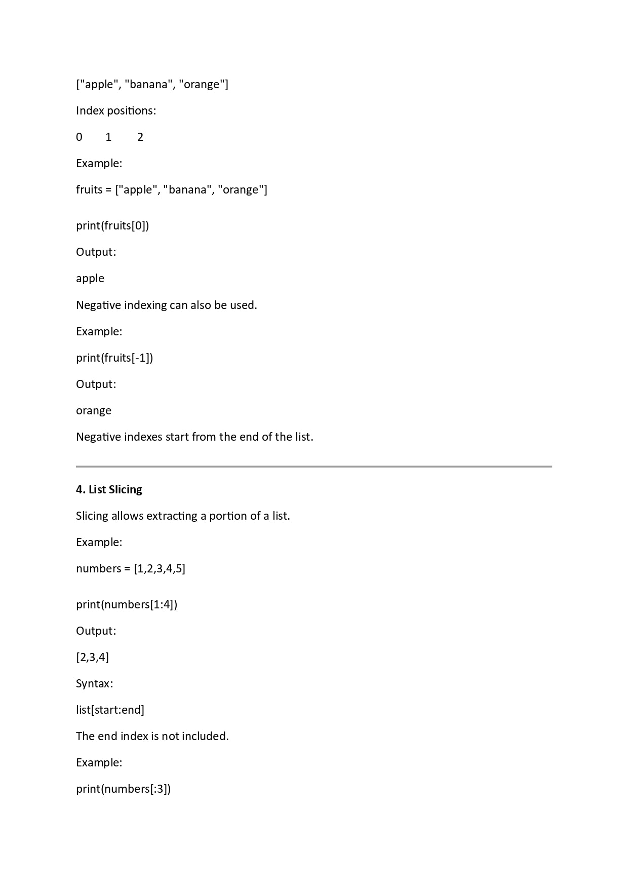 Text explaining list indexing and slicing in Python on a white background