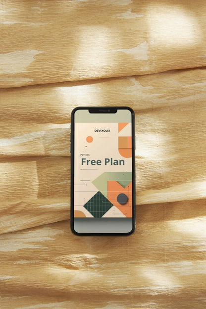 Phone with a free plan app on a wooden surface