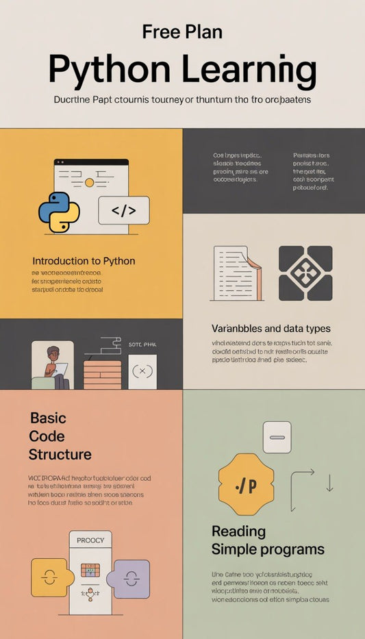 Infographic on Python learning with icons and text on a multicolored background