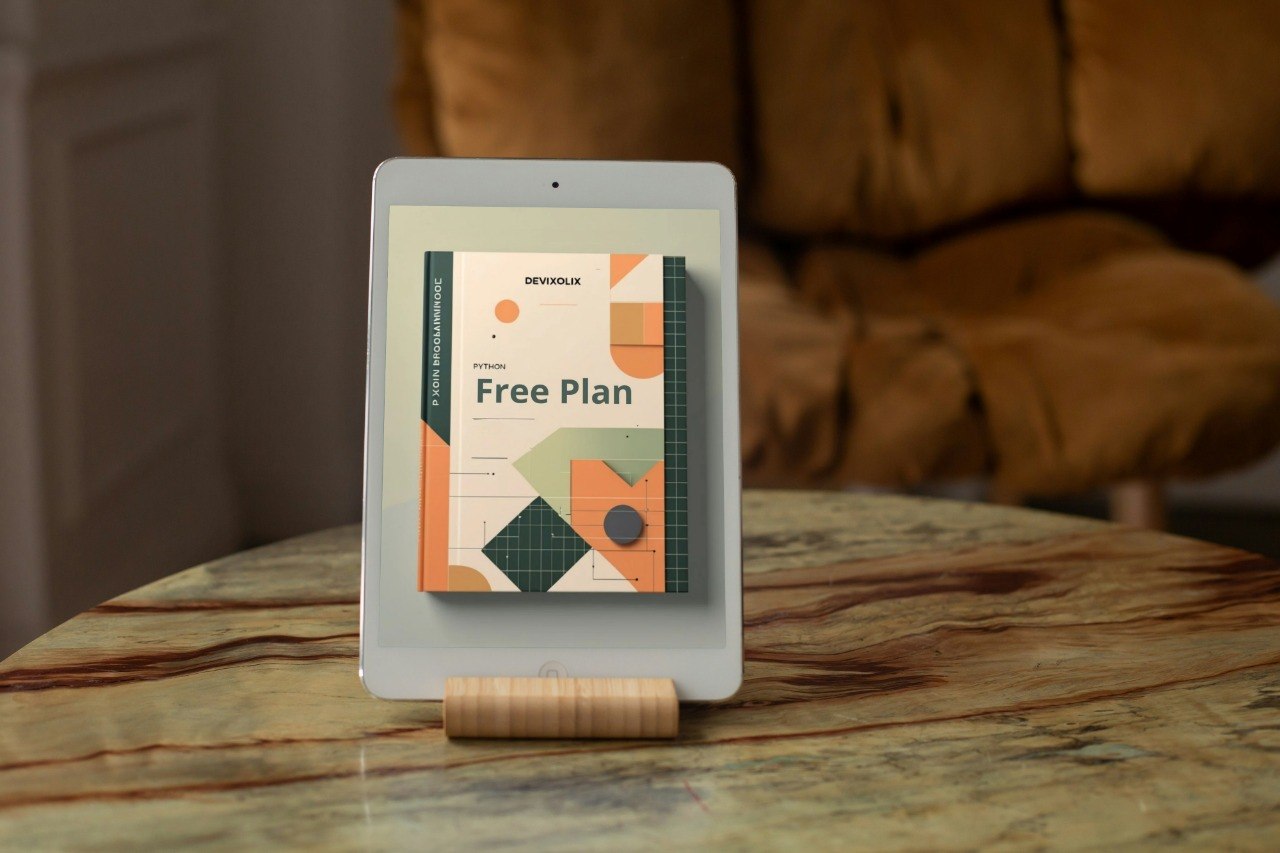 Tablet with a free plan offer on a wooden stand on a marble surface