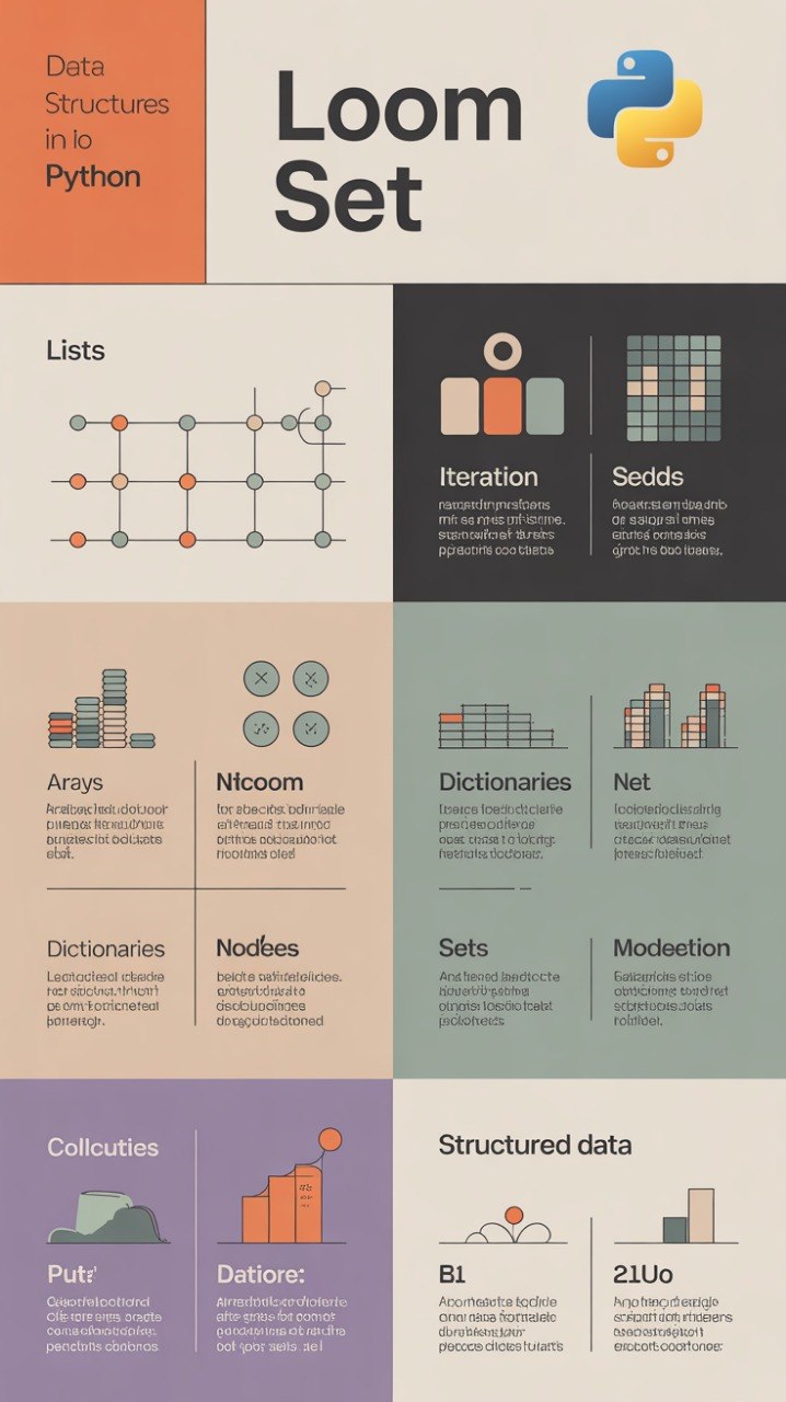 Infographic on data structures in Python with colorful blocks and icons.