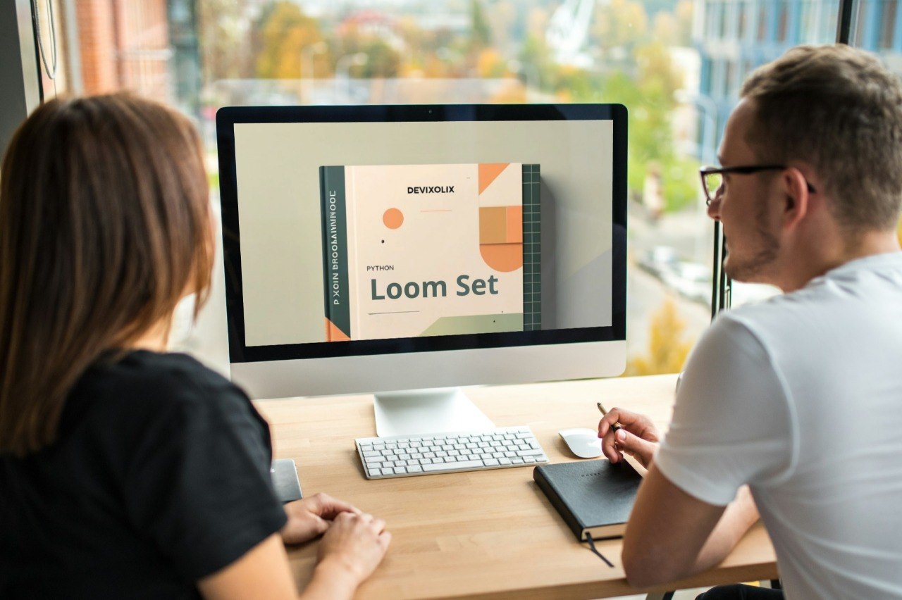 Two people working on a computer with a 'Loom Set' presentation displayed on the screen.