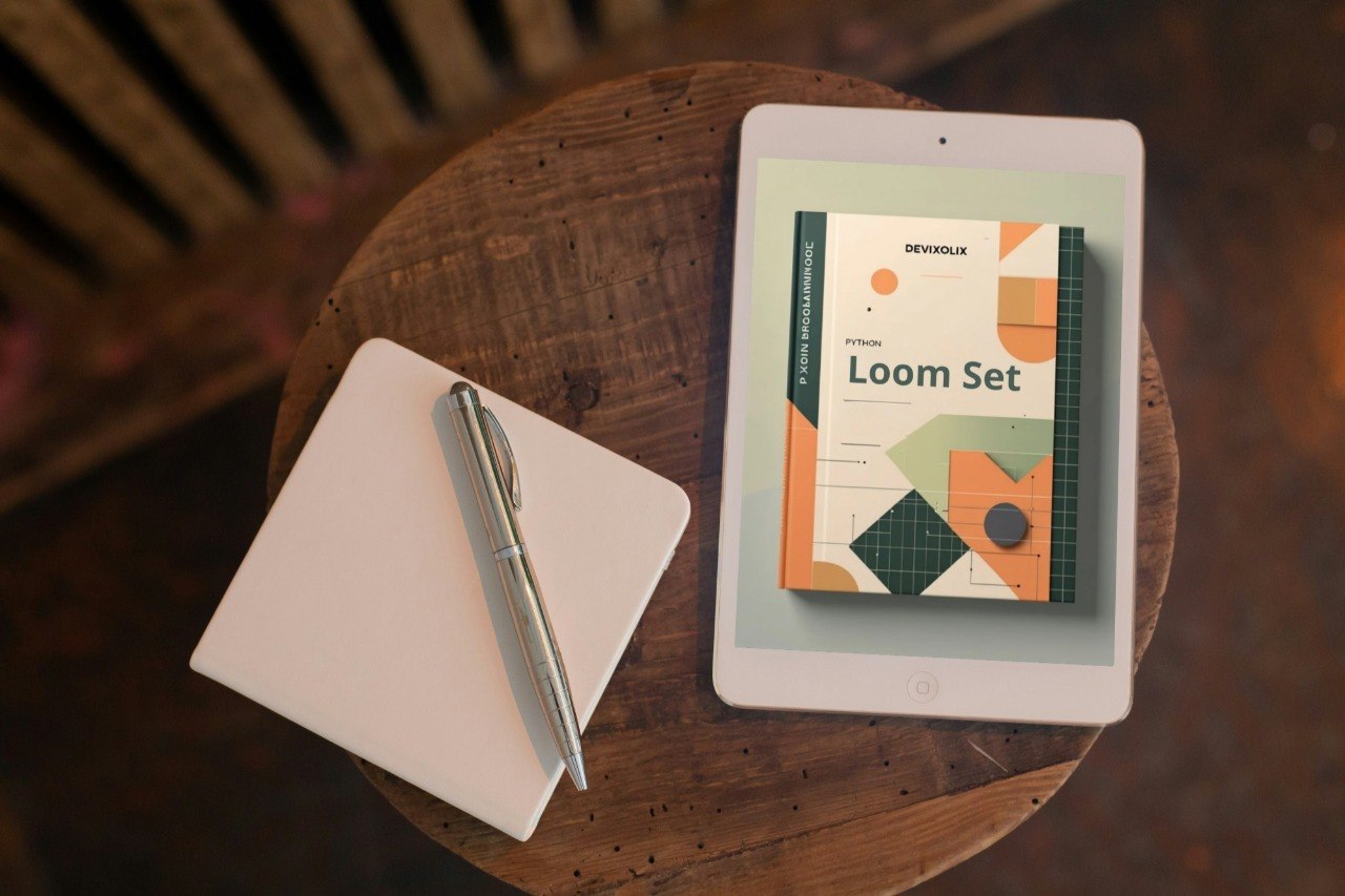 Tablet displaying a product image on a wooden table with a notebook and pen.