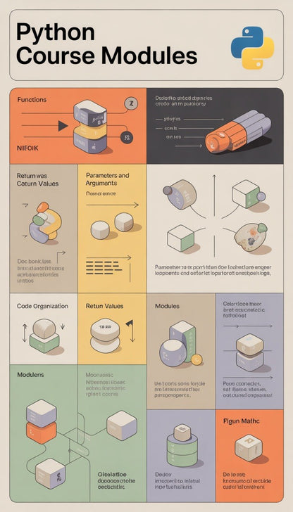 Infographic on Python course modules with colorful icons and text.