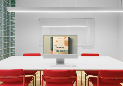 Modern office setup with red chairs and a computer monitor displaying 'Nexus Module' on a white table.