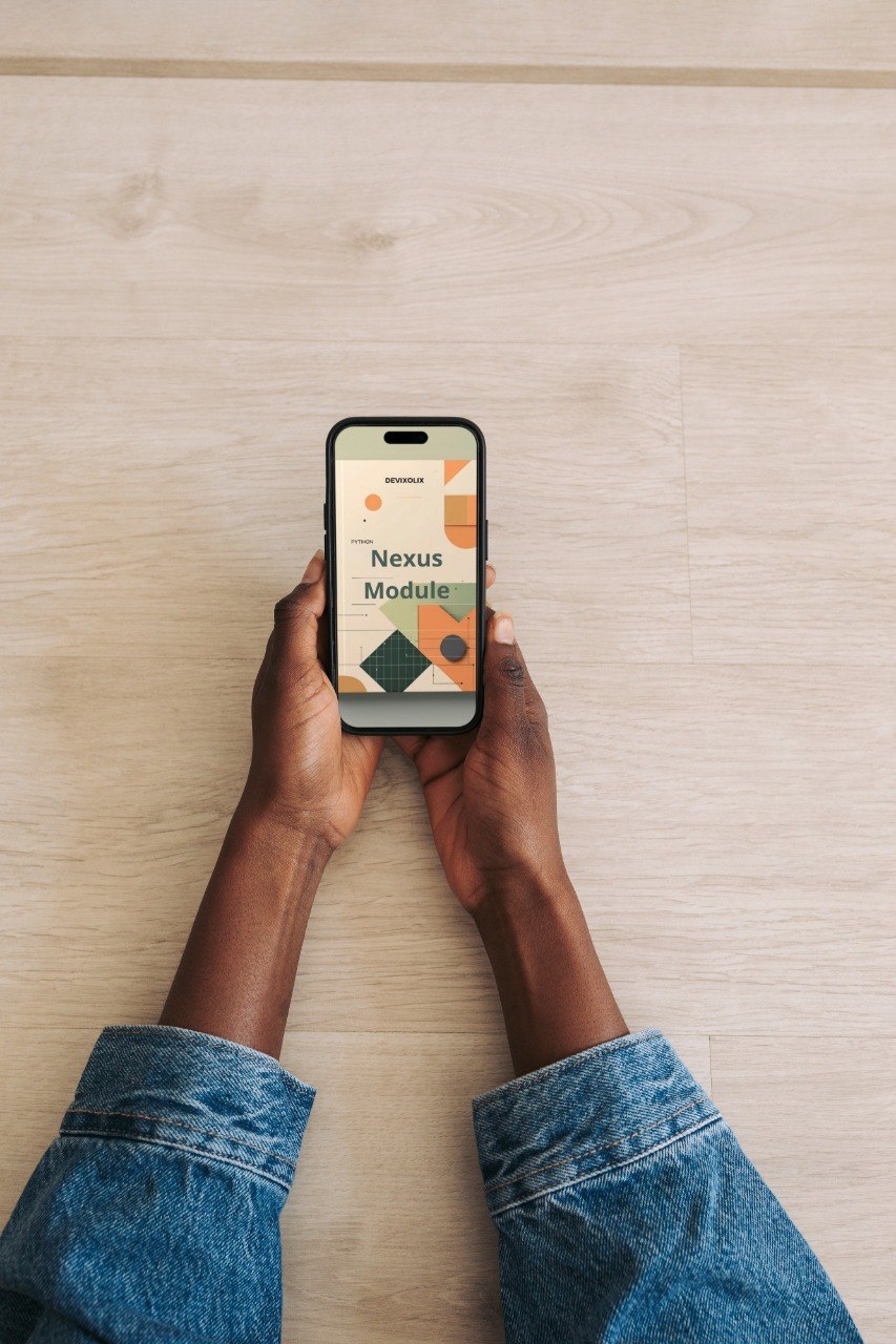 Person holding a smartphone with a screen displaying 'Nexus Module' on a wooden surface