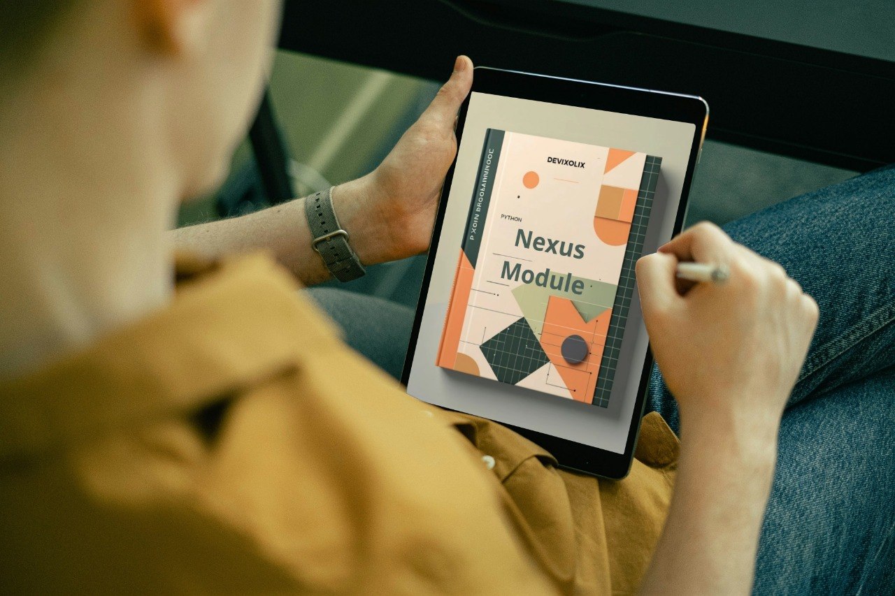 Person holding a tablet with a 'Nexus Module' book cover displayed on the screen.